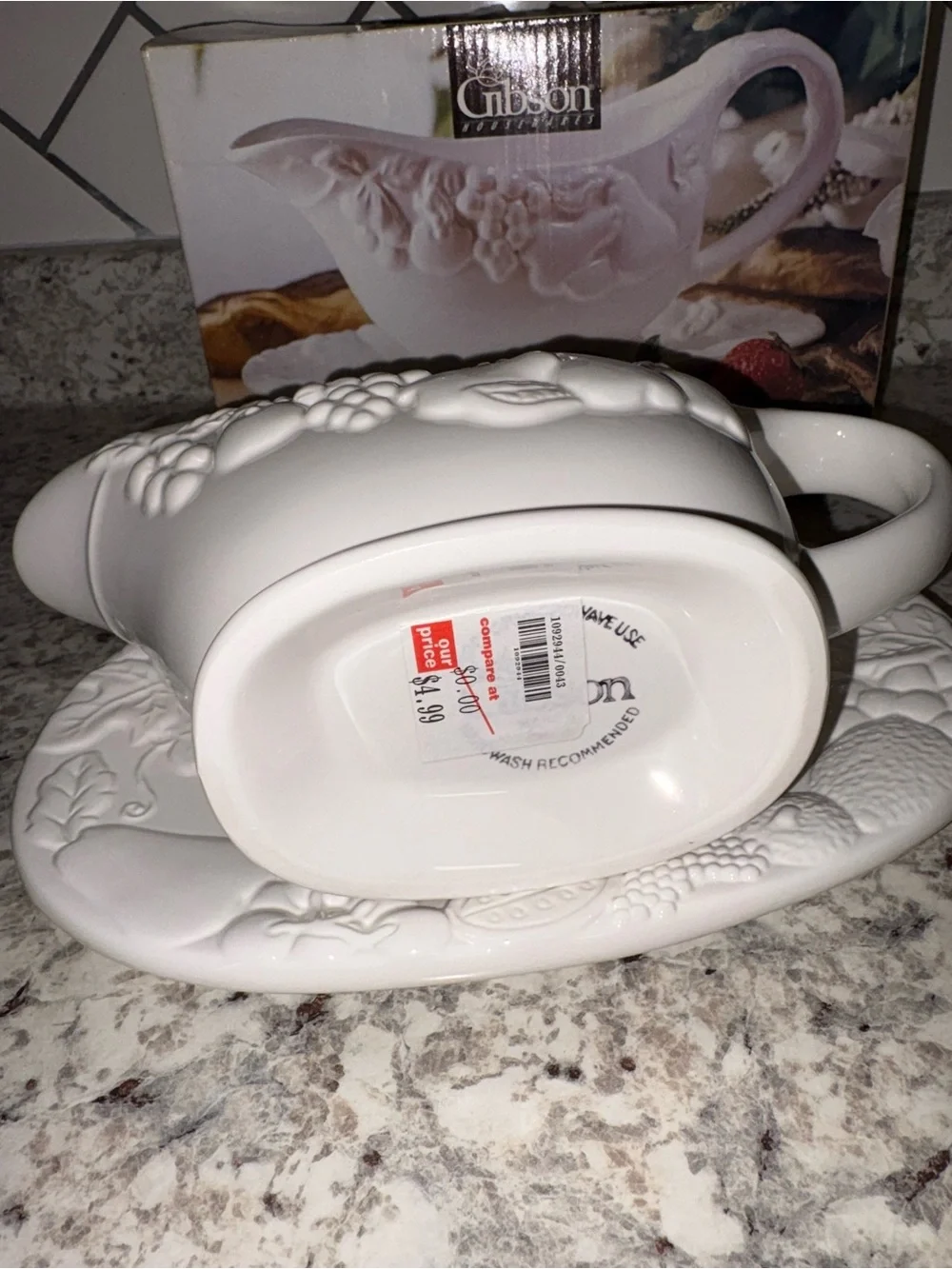 Vintage 1997 Gibson White Fruitful Embossed 1 3/4 Gravy Boat with Saucer Plate